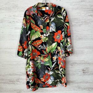 C&C CALIFORNIA Tropical Hawaiian Floral Linen Shift Shirt Dress Beach Cover M